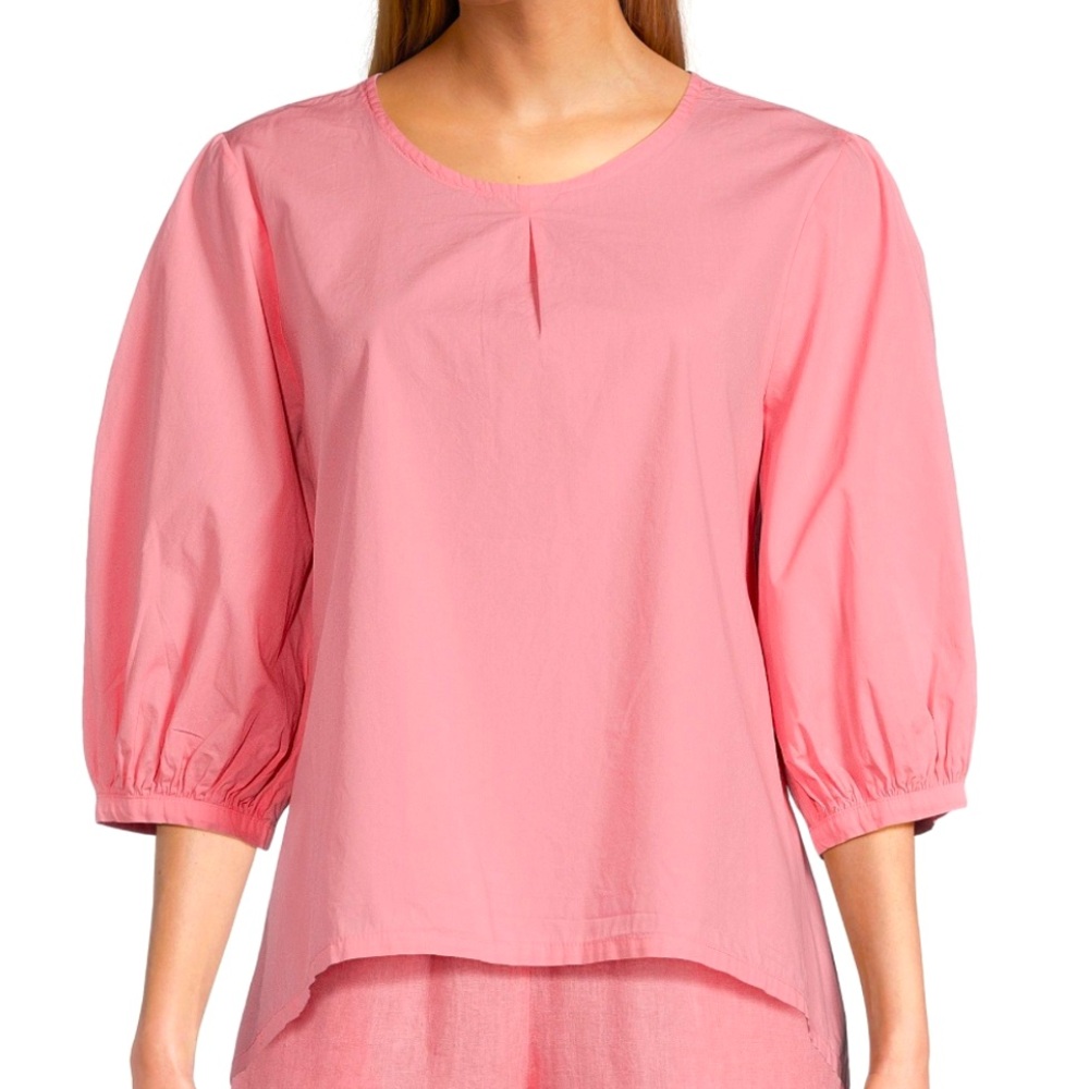 Bryn Walker Lucinda Organic Cotton Poplin Crew Neck 3/4 Sleeve Hi-Low Hem Top